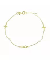 14K GOLD INFINITY CROSS BRACELET WITH PEARLS