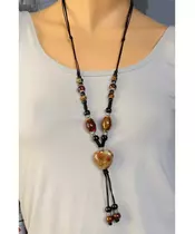 Long Handmade Ceramic Necklace "Yellow-Brown Heart"