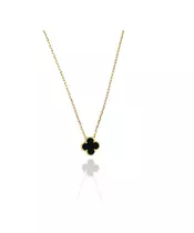 Necklace with 1 black flower - Stainless Steel Gold Plated