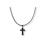 Necklace Cross Black Rounded - Stainless Steel - Leather rope thick