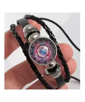 "Blue-pink eye" Black Leather Handmade Men's Bracelet