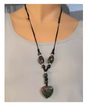 Long Handmade Ceramic Necklace "Green Heart"