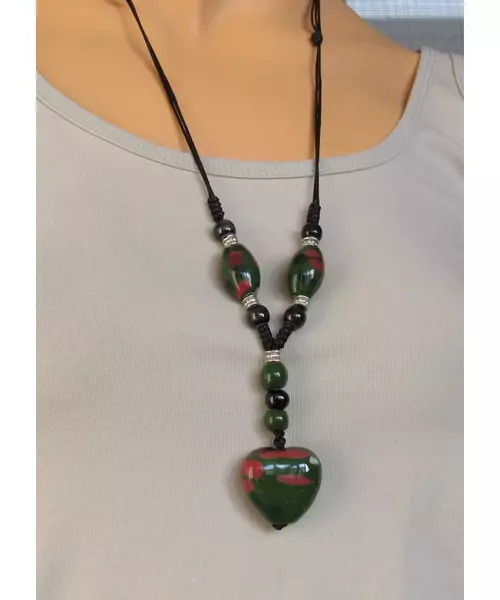 Long Handmade Ceramic Necklace "Green Heart"