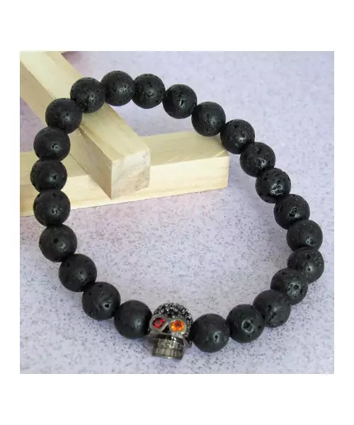 Lava Stone Handmade Men's Bracelet - "Silver-Black Skull"