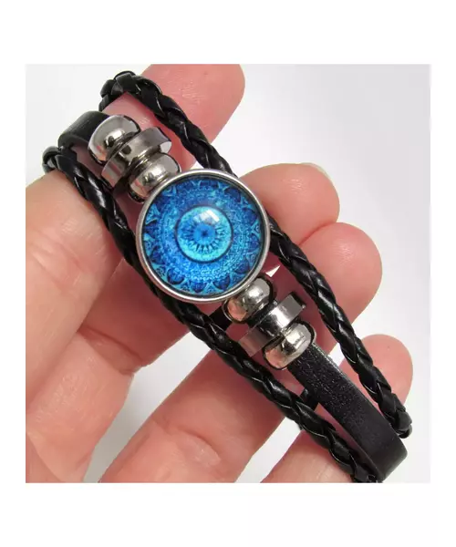 "Blue eye" Black Leather Handmade Men's Bracelet