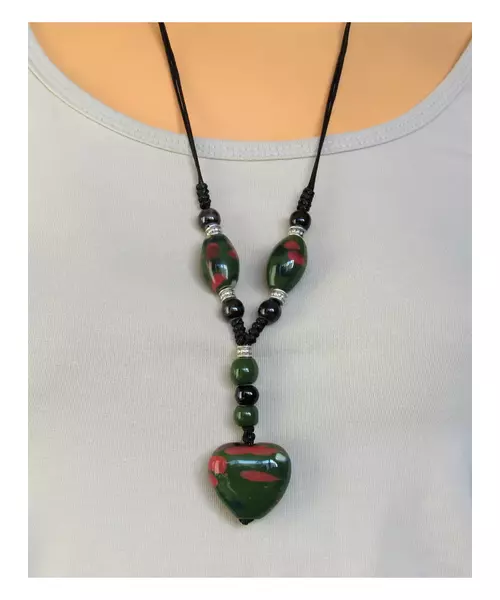 Long Handmade Ceramic Necklace "Green Heart"