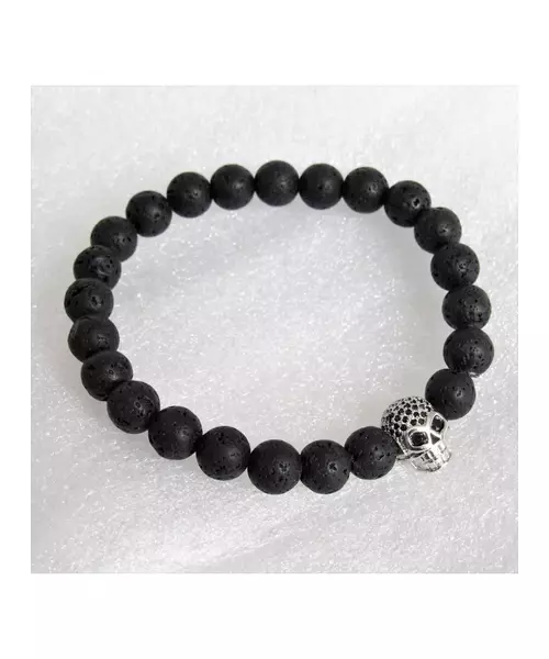 Lava Stone Handmade Men's Bracelet - "Silver Skull"