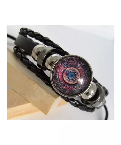 "Blue-pink eye" Black Leather Handmade Men's Bracelet