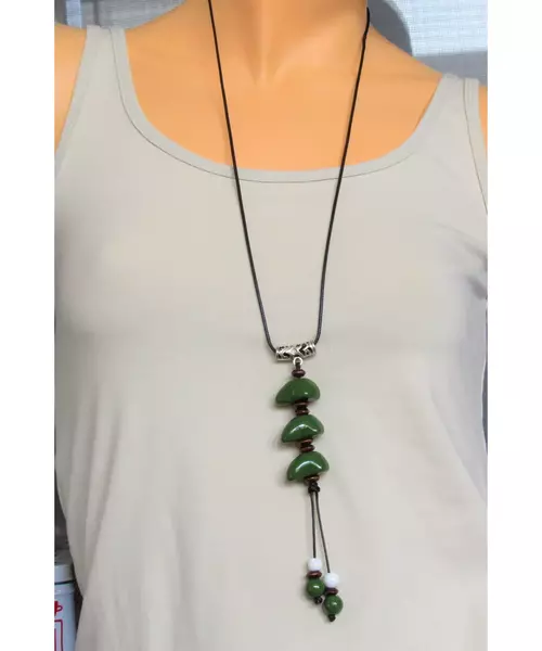 Long Handmade Ceramic Necklace "Green Stones"