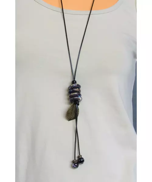 Long Handmade Ceramic Necklace "Blue-Beige"