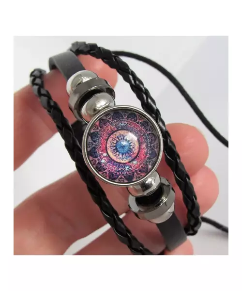 "Blue-pink eye" Black Leather Handmade Men's Bracelet