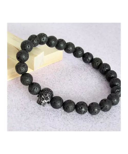 Lava Stone Handmade Men's Bracelet - "Total Black Skull"