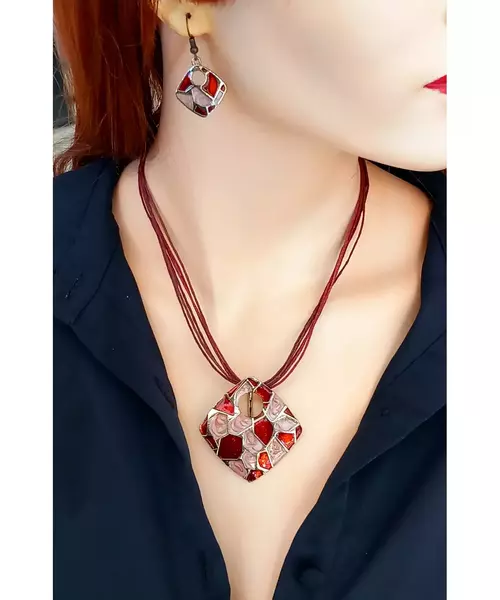 Handmade Necklace & Earrings "Red rhombus"