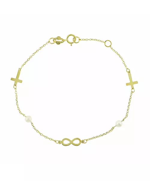 14K GOLD INFINITY CROSS BRACELET WITH PEARLS