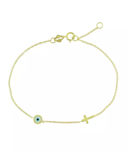 14K PLAIN GOLD CROSS  EVIL EYE BRACELET