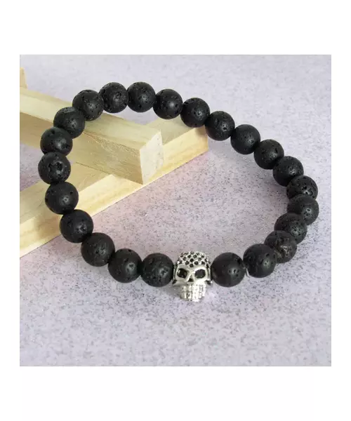 Lava Stone Handmade Men's Bracelet - "Silver Skull"