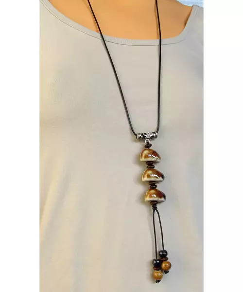 Long Handmade Ceramic Necklace "Yellow-Brown Stones"