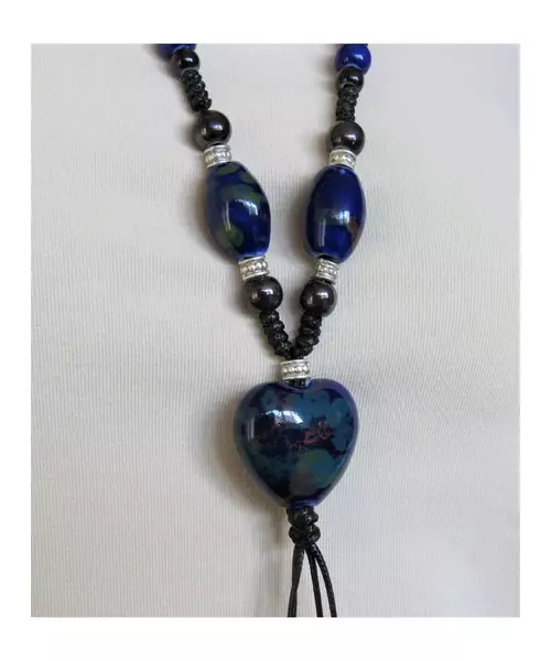 Long Handmade Ceramic Necklace "Blue Heart"