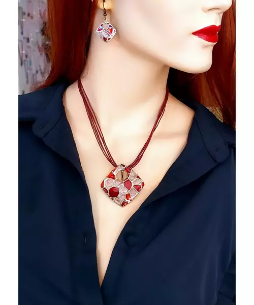 Handmade Necklace & Earrings "Red rhombus"