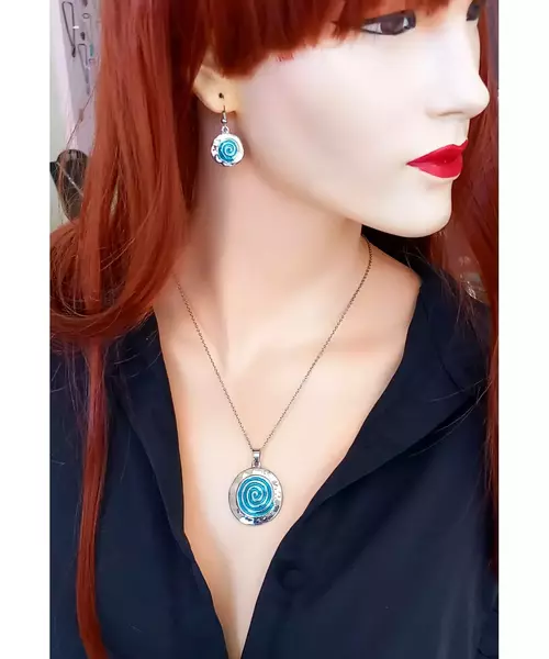 Handmade Pendant & Earrings "Blue spiral"