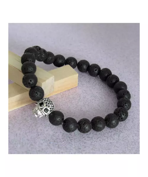 Lava Stone Handmade Men's Bracelet - "Silver Skull"