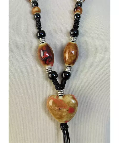 Long Handmade Ceramic Necklace "Yellow-Brown Heart"