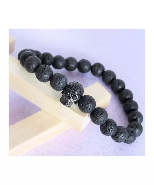 Lava Stone Handmade Men's Bracelet - "Total Black Skull"