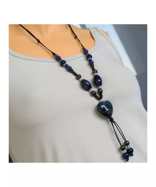 Long Handmade Ceramic Necklace "Blue Heart"