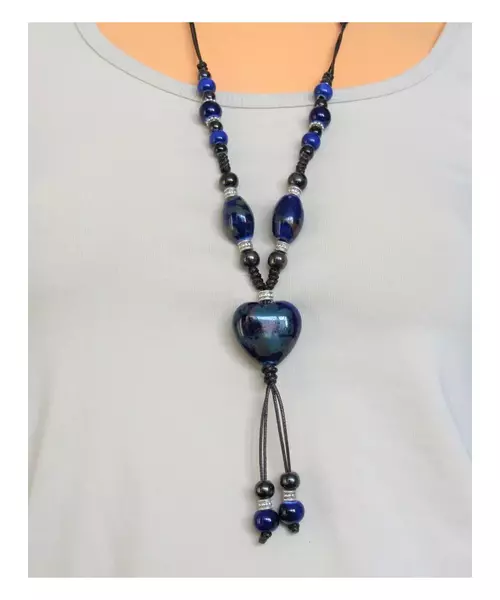 Long Handmade Ceramic Necklace "Blue Heart"