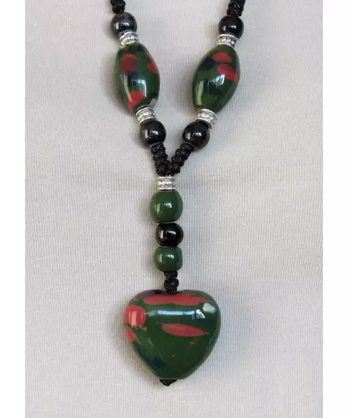 Long Handmade Ceramic Necklace "Green Heart"