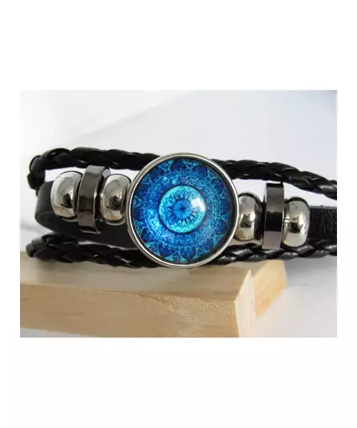 "Blue eye" Black Leather Handmade Men's Bracelet