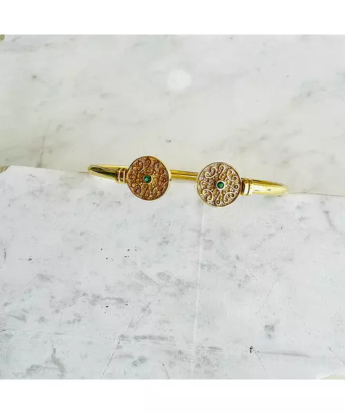 Byzantine Cuff Bracelet with green stone - Silver 925 Gold Plated