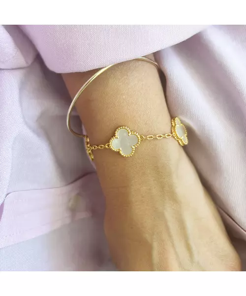 Bracelet with 5 white flowers - Stainless Steel Gold Plated