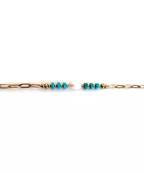 Anklet with Turquoise stones and pearl - Stainless Steel Gold