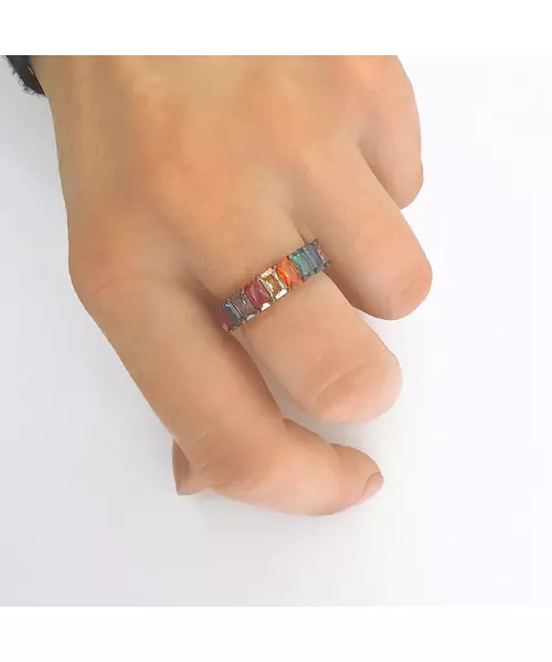 Ring with Baguette Multicolored Zircons -  Silver 925 Gold Plated