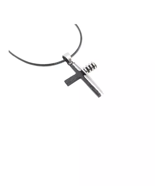 Necklace: Cross Modern,Black - Stainless Steel - Leather rope thick