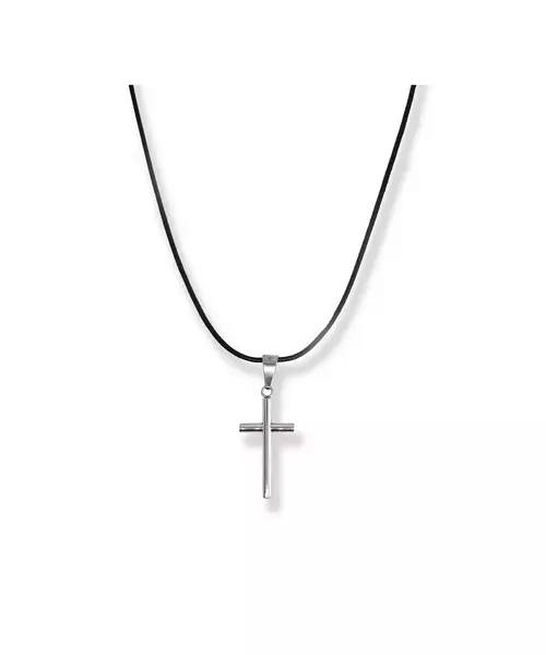 Necklace: Cross Tube - Stainless Steel Silver - Leather rope thick