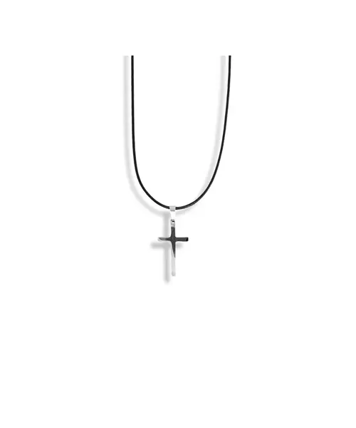 Necklace Cross Minimal Flat - Stainless Steel Silver - Leather rope thick