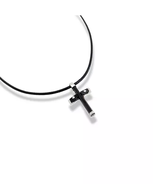 Necklace Cross Black Modern - Stainless Steel Silver - Leather rope thick