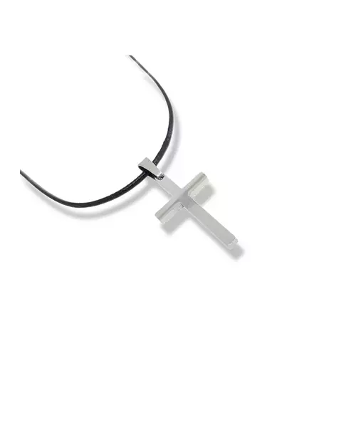 Necklace Cross Minimal Flat - Stainless Steel Silver - Leather rope thick