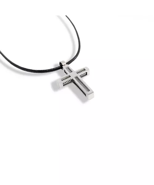 Necklace Cross Coil - Stainless Steel Silver - Leather rope thick