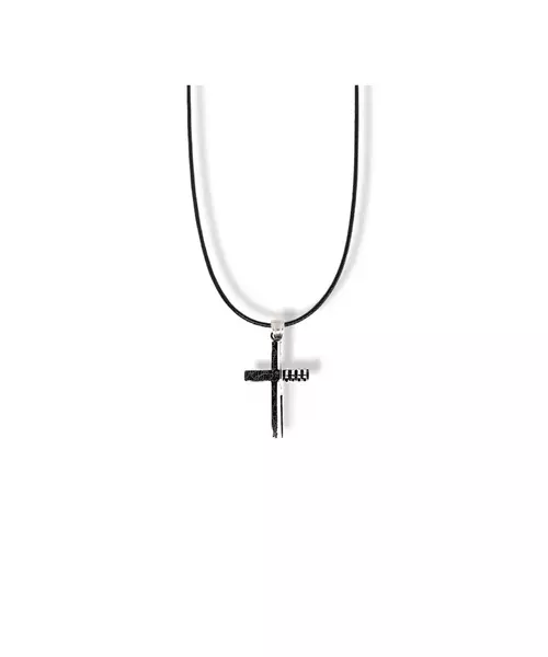 Necklace: Cross Modern,Black - Stainless Steel - Leather rope thick