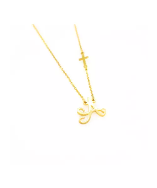 Letter with Zircon and Plain Cross - Necklace - 18ct Rose Gold