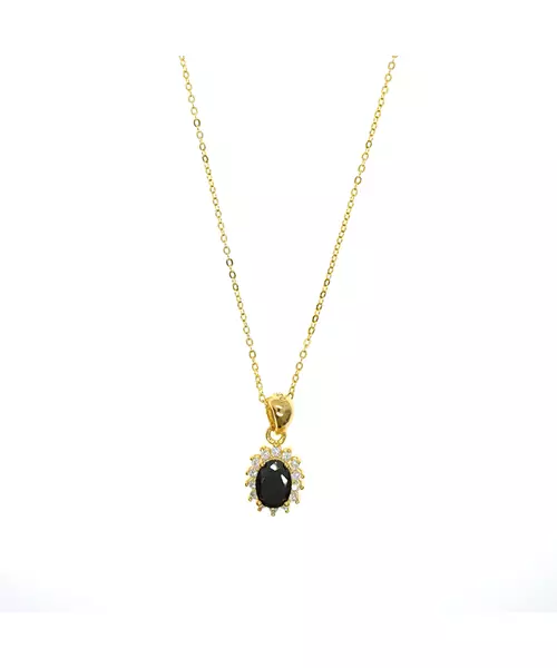 Necklace Diana with Black Stone and Zircons - Silver Gold Plated