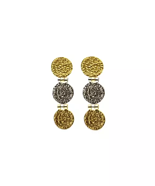 Phaistos Disk Double Color Long Earrings - Silver 925 Gold Plated