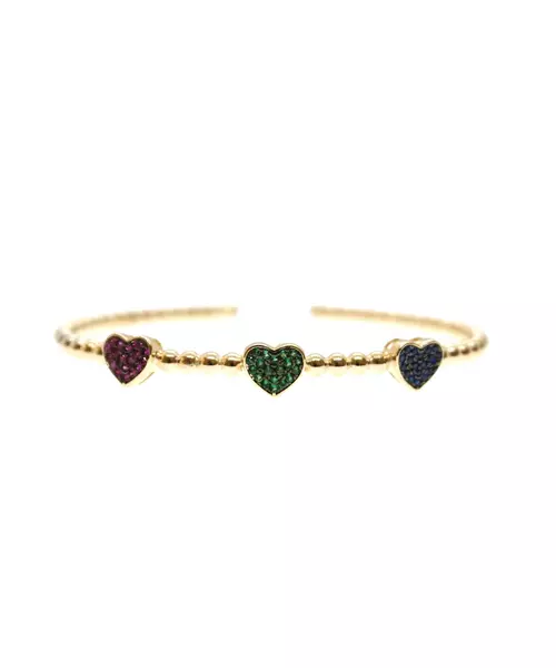 Silver Gold Plated Bangle - 3 colored zircons hearts