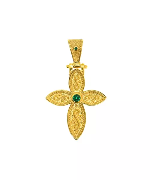 Silver 925 Gold Plated Byzantine cross with green zircon - 50 cm