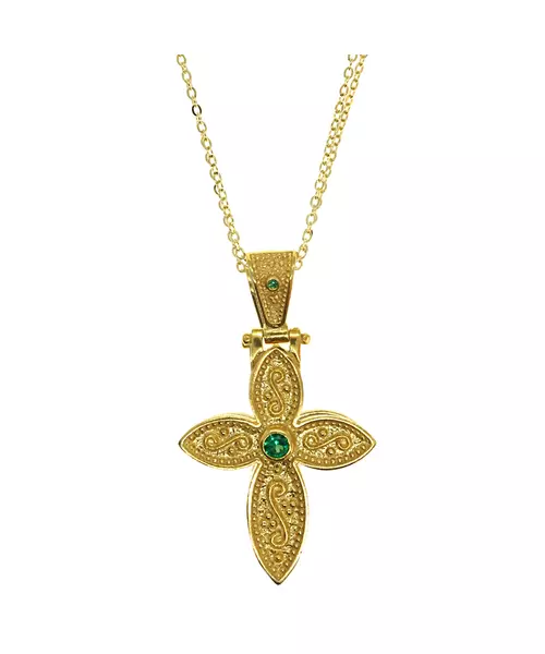 Silver 925 Gold Plated Byzantine cross with green zircon - Adjustable Black String ( free of charge)