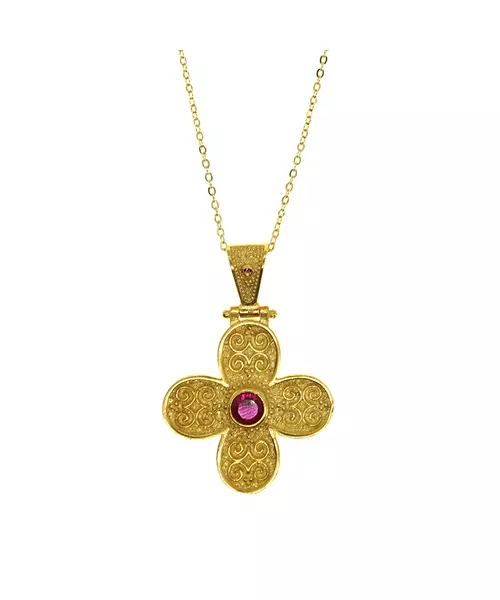 Silver 925 Gold Plated Byzantine cross with pink zircon - Adjustable Black String ( free of charge)