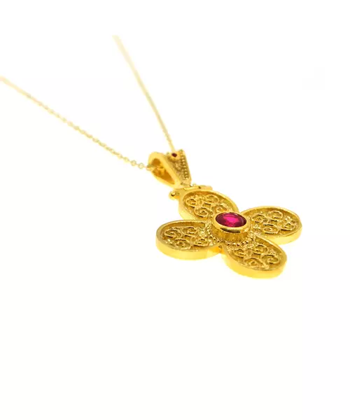 Silver 925 Gold Plated Byzantine cross with pink zircon - Adjustable Black String ( free of charge)